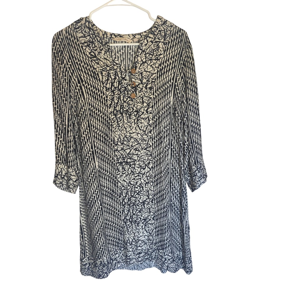 Soft Surroundings Black White Abstract Print Tunic 3/4 Sleeve Wood Button Top M